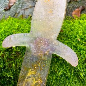 Pink clover and lichen resin dagger wall hanging